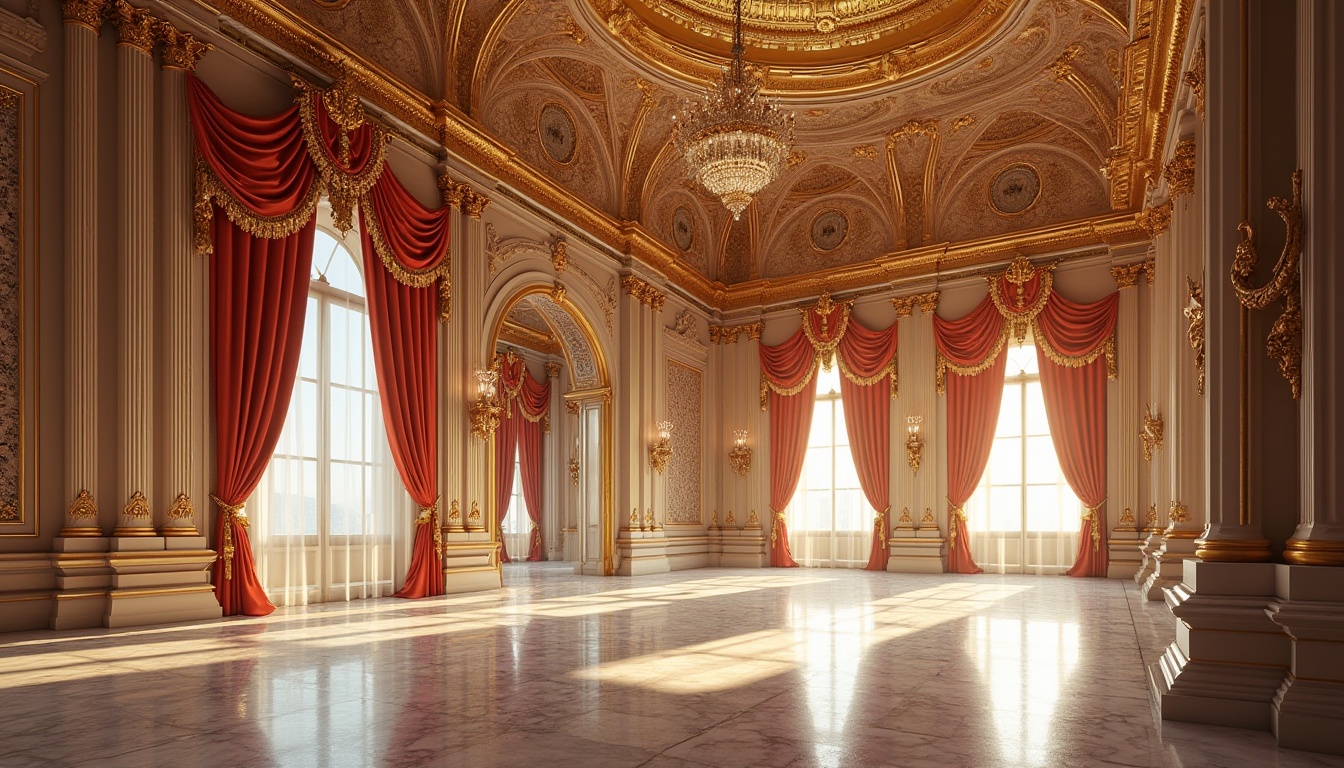 Prompt: Baroque-style palace, grand interior hall, innovative use of fiberglass, ornate decorations, intricate patterns, gilded details, curved lines, luxurious atmosphere, opulent chandelier, marble floors, velvet drapes, lavish furnishings, golden accents, soft warm lighting, Renaissance-inspired architecture, symmetrical composition, dramatic shadows, 3/4 view angle, high-contrast rendering.