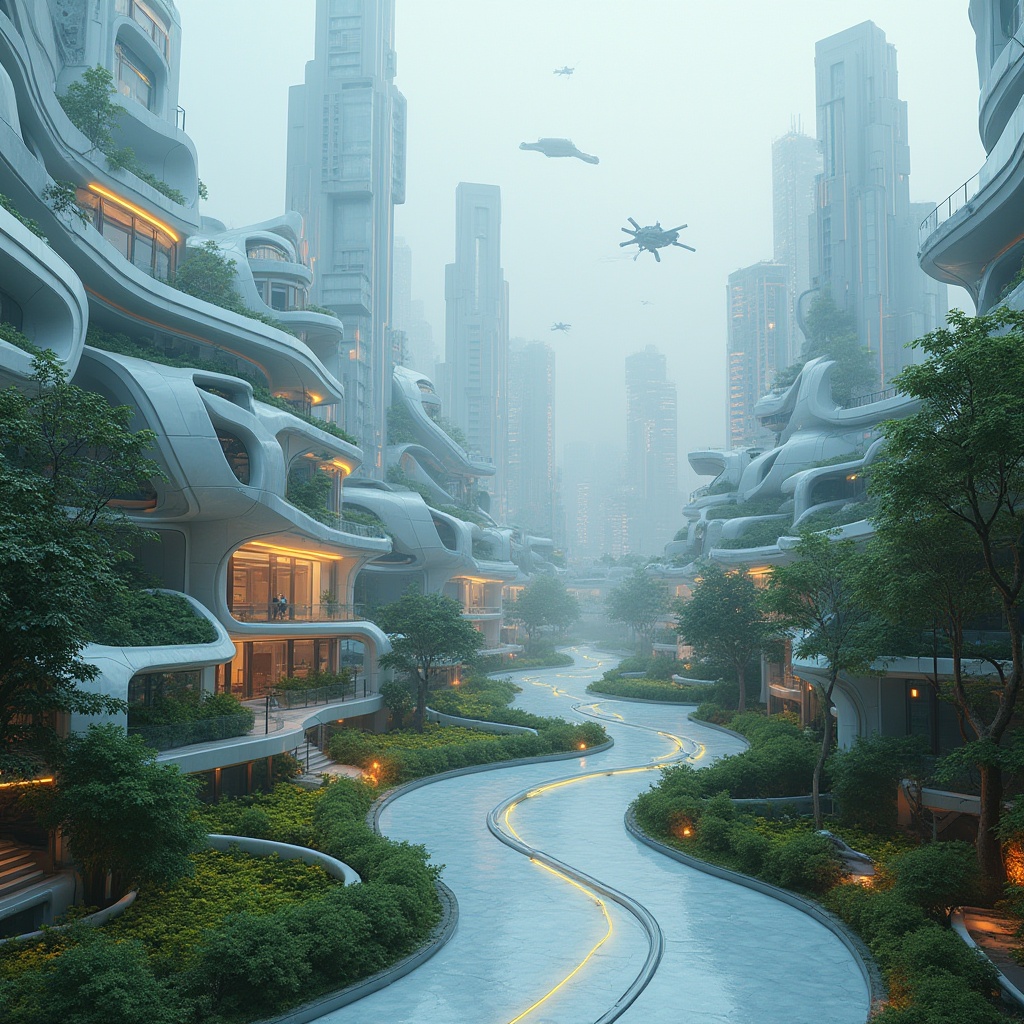 Prompt: Suburban futurist landscape, futuristic houses, curved lines, neon lights, sleek metallic materials, holographic advertisements, flying cars passing by, robotic gardeners, virtual reality interfaces, augmented reality displays, sustainable eco-friendly architecture, green roofs, wind turbines, solar panels, gleaming white roads, levitating benches, glowing tree rings, misty atmosphere, soft sci-fi lighting, panoramic view, 3/4 composition.