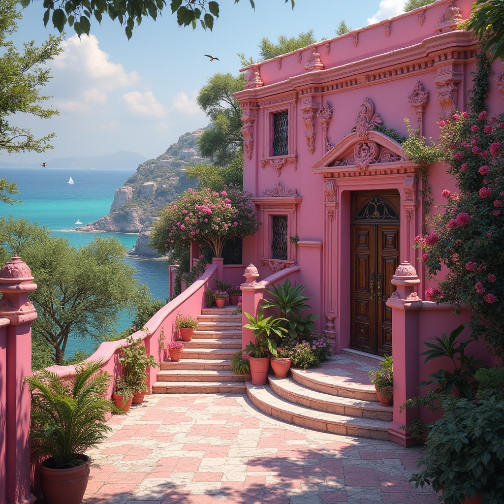 Prompt: Fuchsia-colored regionalism style building, vibrant fuchsia walls, ornate Baroque architecture, intricate stone carvings, grand entrance with curved staircase, lush greenery surrounding, exotic flowers blooming, warm sunny day, soft natural light, Mediterranean coast, distant turquoise sea, sailboats drifting, seagulls flying overhead, rustic wooden doors, ornate ironwork, fuchsia-colored accents, vibrant tile work, rich texture, warm atmosphere, cinematic composition, 3/4 view.