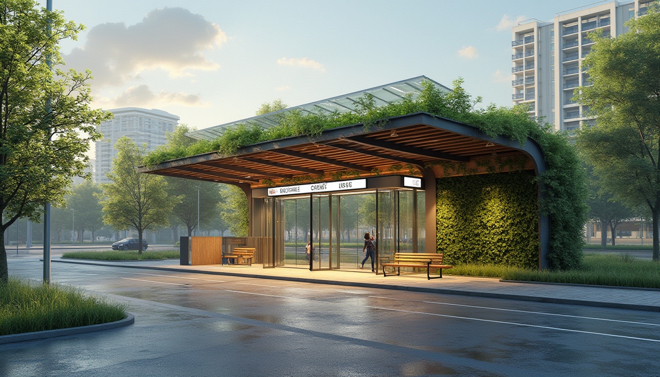 Prompt: Sustainable bus station, modern architecture, green roof, solar panels, recycled metal structure, wooden benches, living walls, natural ventilation, energy-efficient lighting, LED displays, futuristic design, urban area, cityscape, morning light, soft shadows, 3/4 composition, shallow depth of field.