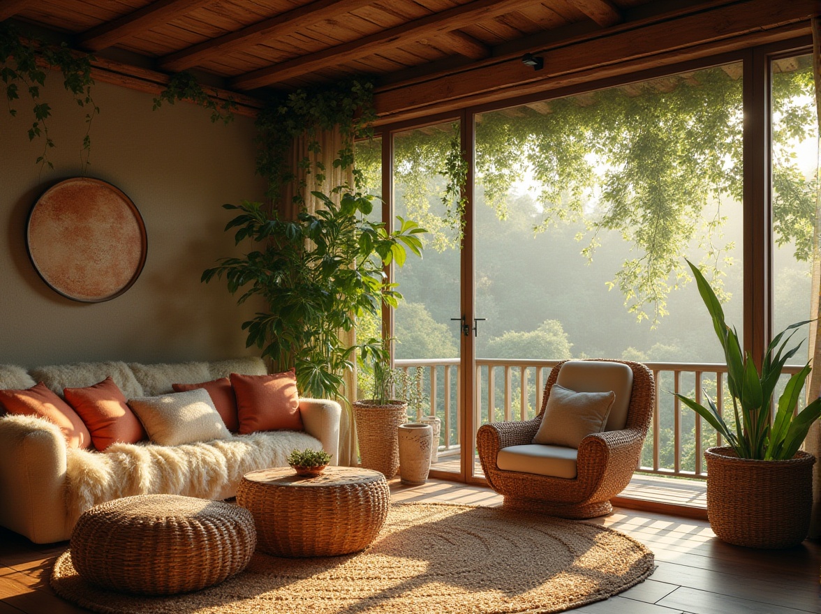 Prompt: Cozy living room, organic design, earthy tones, wooden accents, natural materials, woven rattan furniture, plush throw pillows, potted plants, vines crawling up walls, floor-to-ceiling windows, panoramic view, warm sunlight streaming in, soft shadows, 3/4 composition, atmospheric lighting, morning ambiance, serene atmosphere.