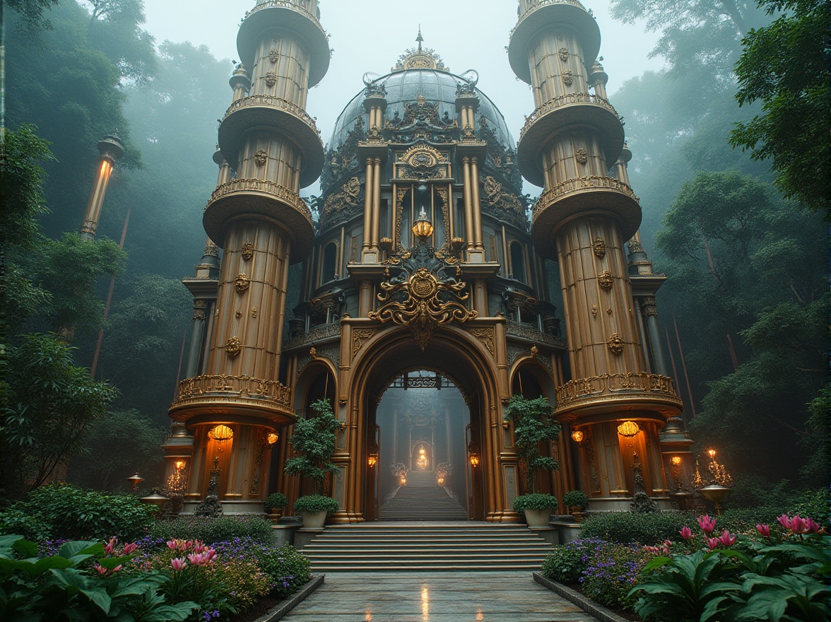 Prompt: Baroque style energy plant, incorporating bamboo material, ornate details, curved lines, golden accents, intricate carvings, grandiose scale, lush greenery surrounding, tropical environment, misty atmosphere, warm lighting, dramatic composition, low-angle shot, emphasizing power and elegance, juxtaposing modern technology with natural organic elements, sleek metallic surfaces, glowing blue lights, complex pipe systems, steam rising from chimneys, majestic architectural structure, grand entrance, sprawling gardens, exotic flowers, bamboo-textured walls, polished marble floors, ornate chandeliers.