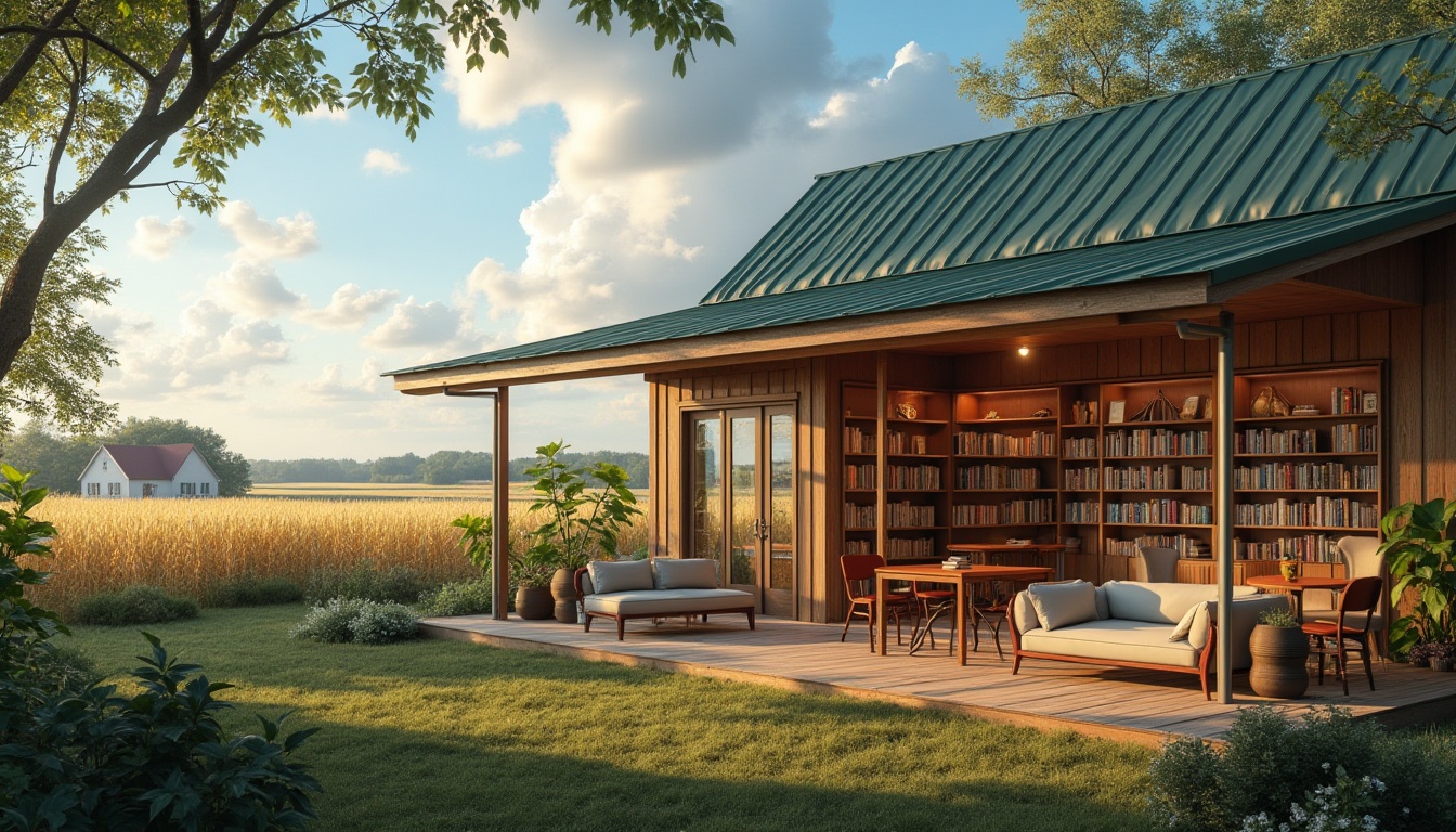 Prompt: Rural farmland community, modern library, wooden exterior, green roof, large windows, natural light, cozy reading nook, comfortable couches, bookshelves, wooden tables, rustic chairs, warm lighting, peaceful atmosphere, surrounding cornfields, wheat fields, distant farmhouse, blue sky, fluffy white clouds, sunny afternoon, soft focus, shallow depth of field, serene composition.