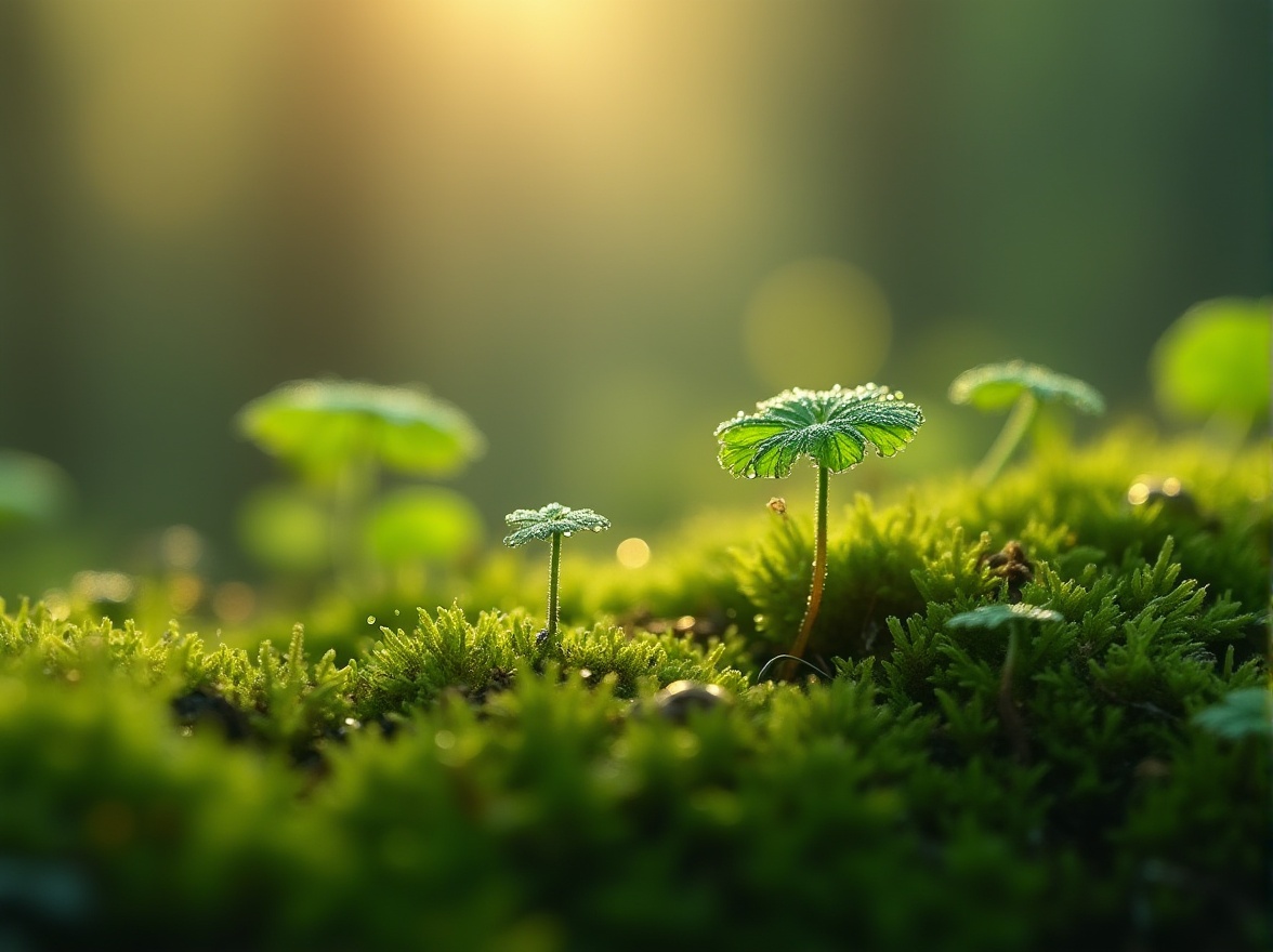 Prompt: Moss green, natural scenery, forest floor, tiny plants, micro details, soft focus, warm lighting, misty atmosphere, dew drops, vibrant color palette, earthy tones, organic texture, intricate patterns, miniature scale, 3/4 composition, low-angle shot, macro photography, shallow depth of field.