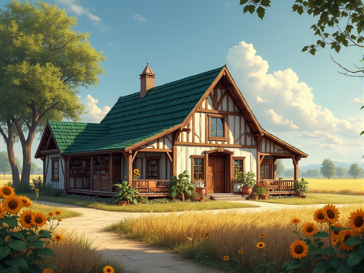 Prompt: Rural library, traditional farmhouse architecture, green tile roof, white walls, wooden doors, surrounded by farmland, wheat fields, sunflowers, country road, blue sky, few white clouds, warm sunlight, soft shadows, reading area with wooden tables and chairs, bookshelves made of natural wood, comfortable sofas, rustic decorations, earthy tones, cozy atmosphere, peaceful surroundings.