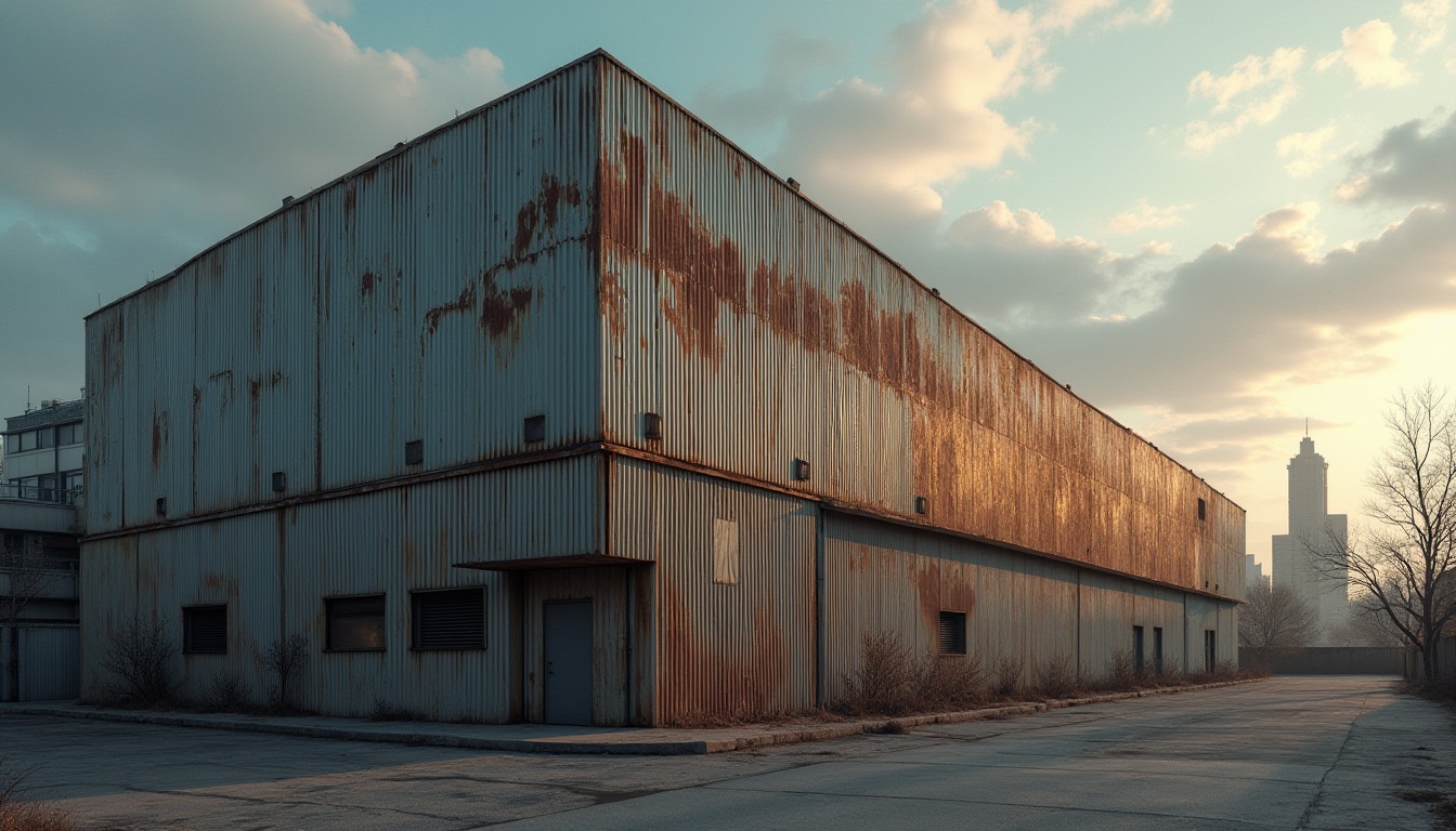 Prompt: Modern industrial building, corrugated iron wall, metallic texture, rusty tone, worn-out edges, urban landscape, cityscape, skyscraper background, cloudy sky, afternoon sun, dramatic shadows, 3/4 composition, low-angle shot, cinematic lighting, realistic rendering.