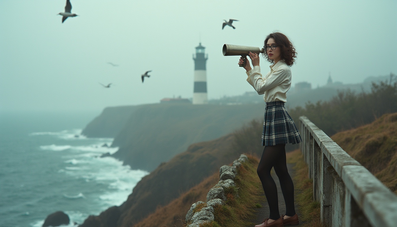 Prompt: Watching towers, coastal academic style, mysterious lady, solo, (25yo), curly brown hair, glasses with thick frames, elegant makeup, white blouse, plaid skirt, black tights, brown loafers, holding a telescope, standing, leaning on railing, windy, cloudy, seagulls flying overhead, abandoned watching tower, rugged coastline, waves crashing, misty atmosphere, warm lighting, cinematic composition, 3/4 view.