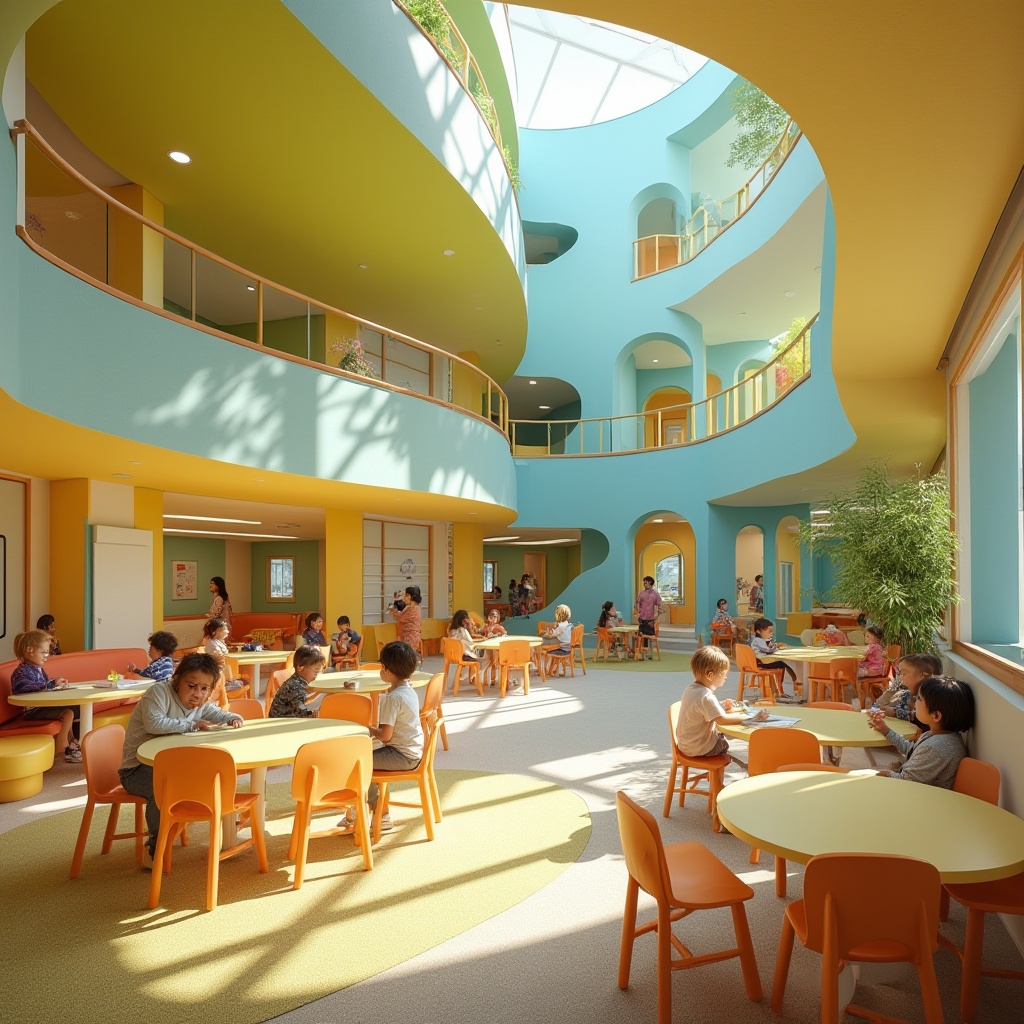 Prompt: Elementary school, colorful Blobitecture building, curved lines, playful shapes, bright yellow, blue, green walls, large windows, natural light, open spaces, collaborative learning areas, comfortable seating zones, interactive whiteboards, eco-friendly materials, recycled wood accents, soft carpet floors, minimalist decorations, circular tables, movable chairs, happy children, laughing, playing, learning together, warm atmosphere, morning sunlight, gentle shadows, 3/4 composition, vibrant colors, blurred background, shallow depth of field.