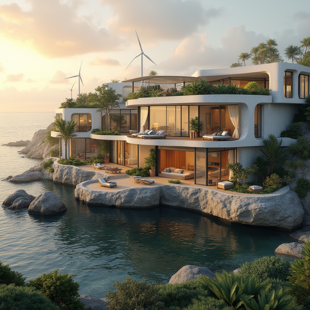 Prompt: Coastal architecture, eco-friendly building, beachside villa, modern minimalist style, large windows, solar panels, green roof, wind turbines, recyclable materials, natural ventilation, ocean-inspired facade, wavy lines, organic shape, driftwood accents, seaweed-covered walls, coral-patterned tiles, bamboo flooring, recycled glass decor, energy-efficient appliances, oceanview balcony, sunset background, serene atmosphere, soft warm lighting, gentle sea breeze.