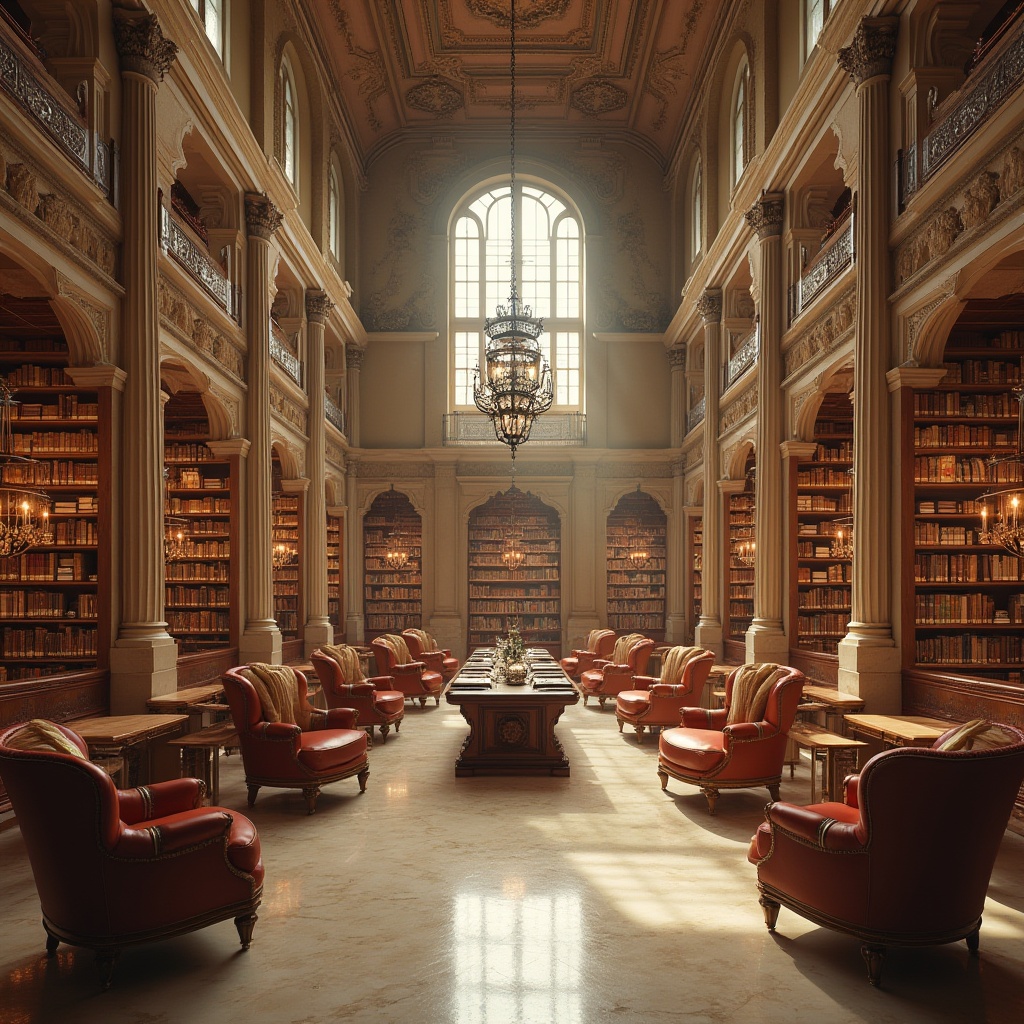 Prompt: Majestic library interior, natural light pouring through large windows, rows of wooden shelves filled with books, comfortable reading areas, warm beige stone walls, intricate masonry details, grand high ceilings, ornate chandeliers, polished marble floors, cozy corners with plush armchairs, warm softbox lighting, warm color palette, classic architectural style, symmetrical composition, 3/4 view, shallow depth of field.