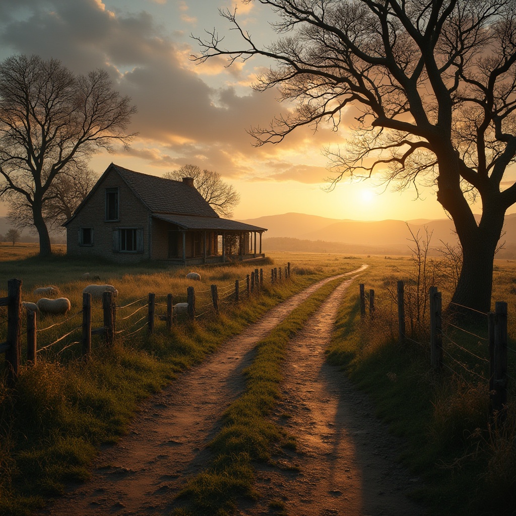 Prompt: Rural settings, countryside, cinematic experience, sunset time, golden light casting long shadows, rolling hills, vast open fields, rustic wooden fences, old trees with twisted branches, a few sheep grazing peacefully, a winding dirt road leading to a distant horizon, abandoned farmhouse in the background, overgrown with vines and moss, broken windows, creaky door, nostalgic atmosphere, warm and soft ambient lighting, low-angle shot, 3/4 composition, dramatic clouds, misty fog rolling in, realistic texture, depth of field.