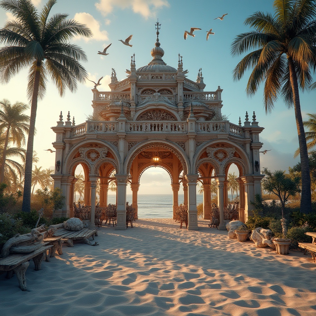 Prompt: Renaissance style beach pavilion, steel framework, ornate metal details, curved arches, grandeur entrance, sandy dunes, palm trees swaying gently, seagulls flying overhead, cloudy blue sky, warm soft lighting, golden hour, low-angle shot, dramatic composition, intricate ironwork, weathered wooden accents, nautical ropes, driftwood furniture, vintage lanterns, ornate anchors, sea shells decorations.