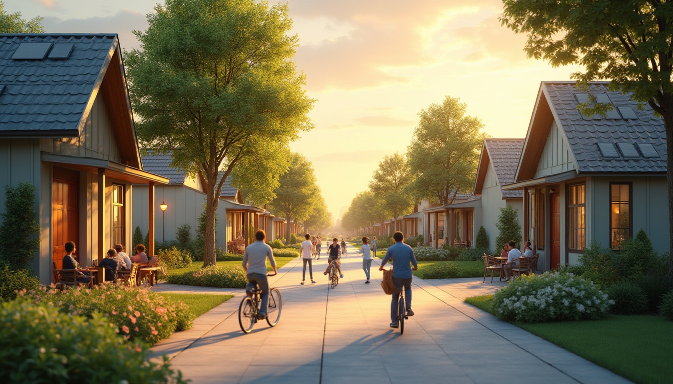 Prompt: Suburban living, community-focused design, residential area, modern houses, green roofs, solar panels, gardens, outdoor furniture, neighborhood kids playing, riding bicycles, friendly neighbors chatting, tree-lined streets, sidewalks, streetlights, warm sunset lighting, 3/4 composition, shallow depth of field, vibrant colors, natural textures.