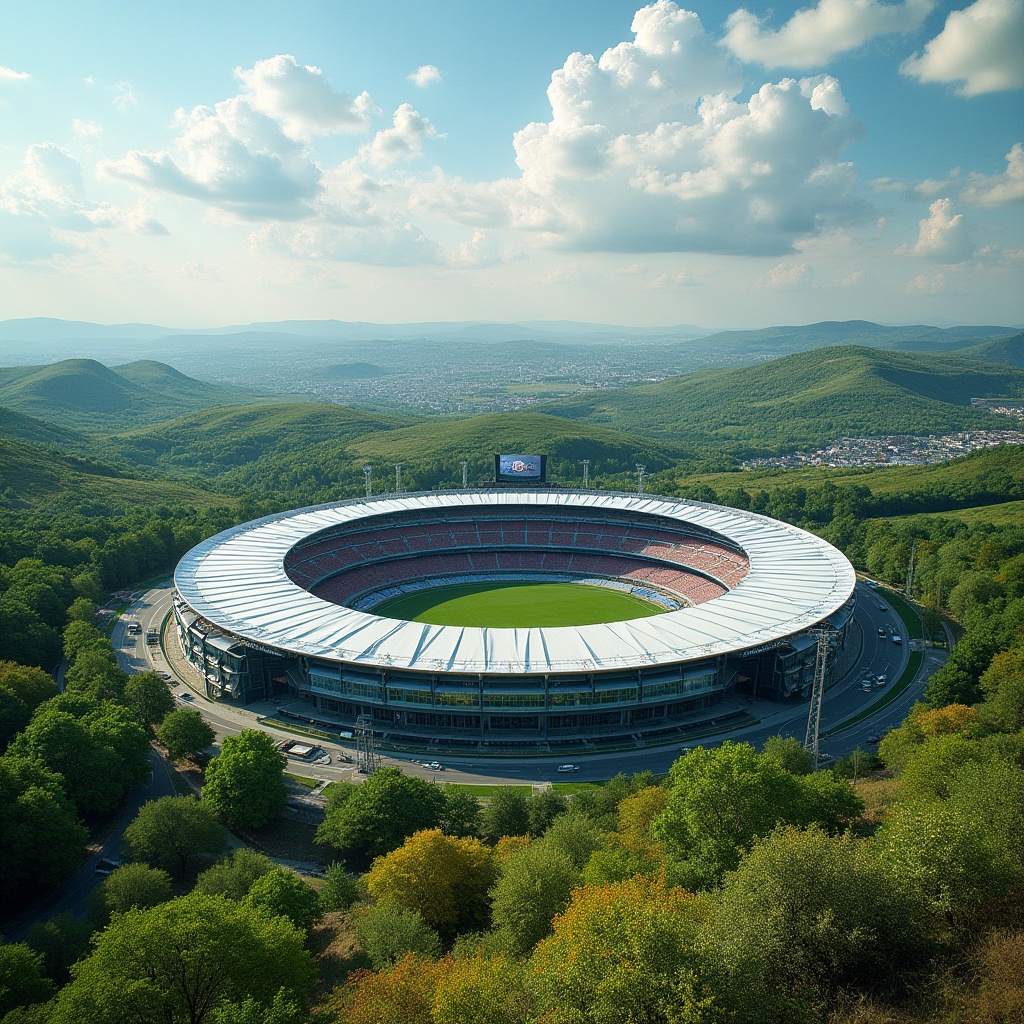 Prompt: Stadium landscape, greenery surroundings, rolling hills, lush trees, vibrant wildflowers, natural seating areas, winding paths, stone benches, modern architecture, sleek lines, curved roofs, angular structures, large glass windows, transparent facade, panoramic views, sports event atmosphere, daytime, sunny weather, fluffy white clouds, dramatic shadows, dynamic composition, high-angle shot, 3/4 view, warm natural lighting.