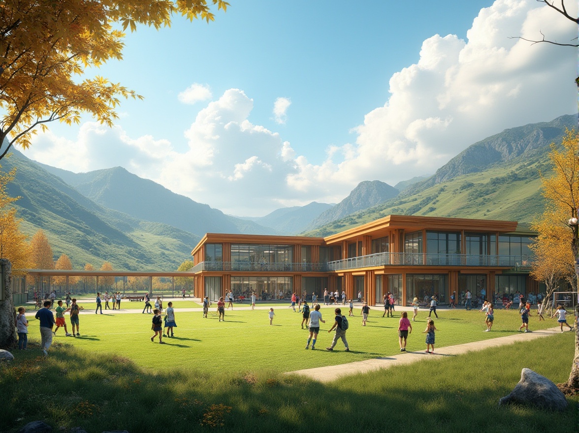 Prompt: Valley landscape, integrating school building, modern architecture, glass walls, wooden roofs, green surroundings, hills in background, trees with changing leaves, winding road, mountainous terrain, sunny day, fluffy white clouds, blue sky, students playing outside, laughing and chatting, casual wear, backpacks, soccer field, playground equipment, swings and slides, nature-inspired learning environment, harmonious blend of architecture and nature, warm lighting, soft focus, panoramic view.