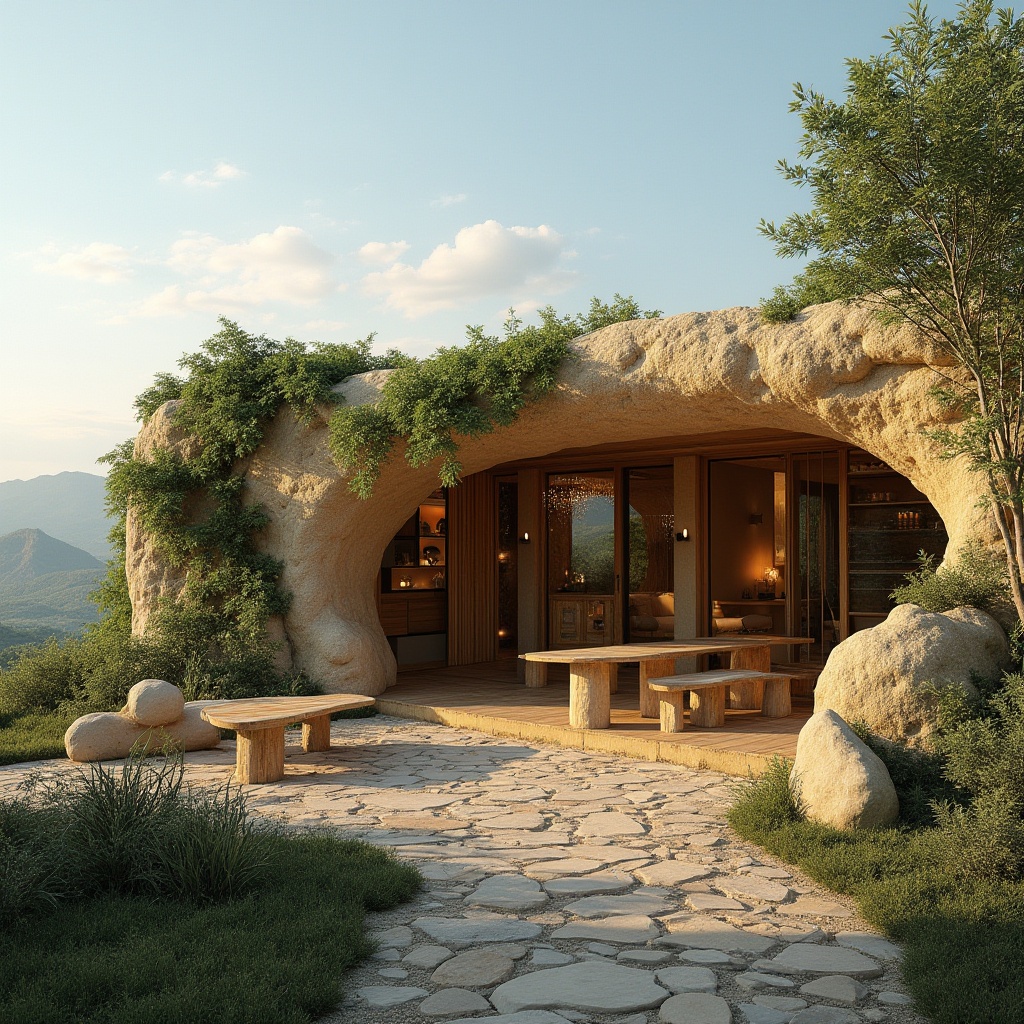 Prompt: Rammed earth structure, eco-friendly, natural materials, earthy color tone, rough texture, organic shape, blending with surroundings, serene atmosphere, warm lighting, soft shadows, lush greenery, vines crawling up the walls, outdoor seating area, wooden benches, stone pathway, rustic decorative elements, rural landscape, rolling hills, distant mountains, blue sky with few clouds.