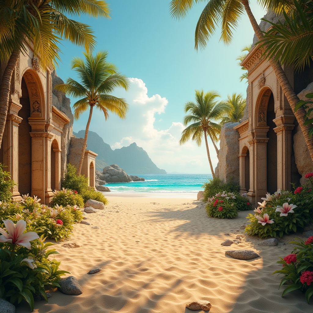 Prompt: Interactive beach space, warm sandy dunes, majestic beach monuments, ancient ruins, crumbling stone walls, intricate carvings, mysterious artifacts, tropical palm trees, vibrant beach flowers, gentle ocean breeze, soft golden lighting, low-angle shot, dramatic composition, 3/4 view, shallow depth of field, vivid colors, realistic textures, serene atmosphere, ambient sound effects.