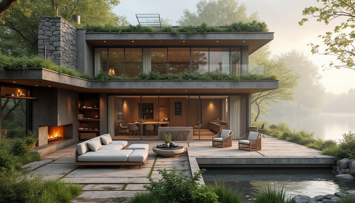 Prompt: Lakefront modern villa, eco-friendly design, floor-to-ceiling windows, natural materials, reclaimed wood accents, solar panels on roof, green roof with lush vegetation, rainwater harvesting system, minimalist interior, open-plan living area, large stone fireplace, sectional sofa in neutral tones, woven wicker armchairs, potted plants, sliding glass doors to outdoor deck, lakeside views, surrounding trees, tranquil atmosphere, early morning misty scene, soft warm lighting, 3/4 composition, cinematic perspective.