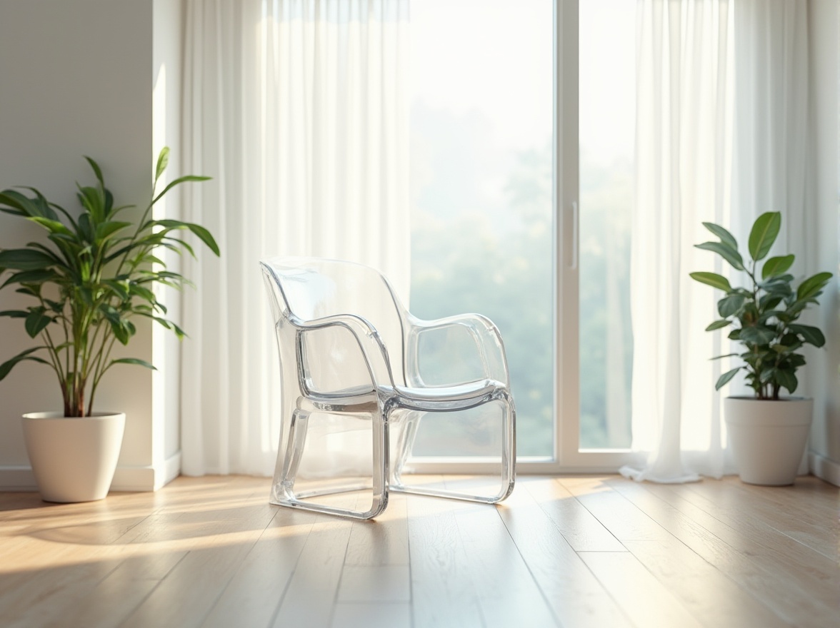 Prompt: Modern interior design, futuristic ambiance, polyethylene material, transparent chair, sleek lines, minimalist decor, Scandinavian style, bright white walls, polished wooden floor, potted plants, natural light, panoramic view, 3/4 composition, softbox lighting, shallow depth of field.