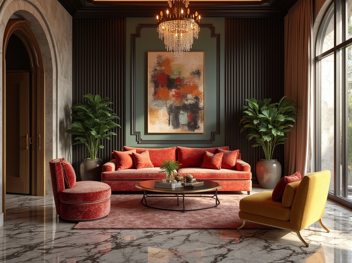 Prompt: Eclectic interior design, luxury villa, modern furniture, rich textures, bold colors, ornate patterns, mixed metallic accents, crystal chandelier, marble floor, velvet sofa, abstract artwork, greenery, natural light, warm atmosphere, 3/4 composition, soft focus, cinematic lighting.