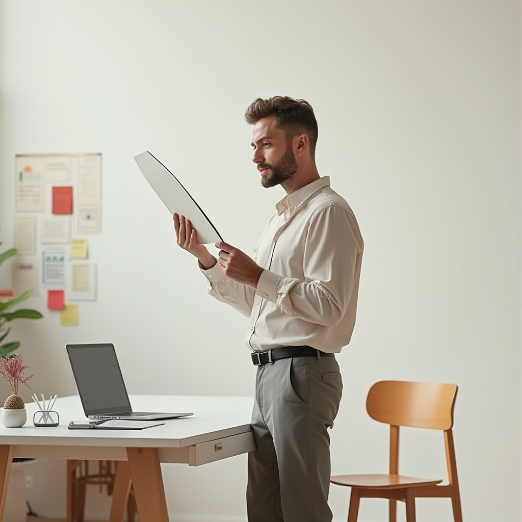 Prompt: Modern designer, standing, holding fibreglass material sample, white background, natural light, studio setting, minimalist desk, sleek laptop, design software open, inspirational mood board, colorful post-it notes, wooden chair, industrial-style lighting, shallow depth of field, warm color tone, soft focus, 3/4 composition, subtle texture, product design, innovative, eco-friendly, sustainable material, futuristic, high-tech, detailed reflection.