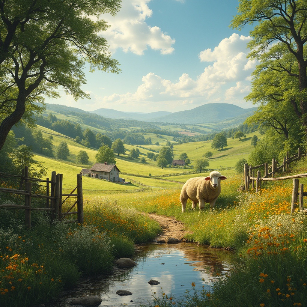 Prompt: Rural landscape, peaceful countryside, warm sunny day, rolling hills, green pastures, farmhouse in distance, winding dirt road, wildflowers blooming in vibrant colors, few sheep grazing lazily, old wooden fence, rusty metal gate, lush trees providing shade, a small pond reflecting the blue sky, soft ripples on water surface as a light breeze passes, warm and soft ambient lighting, 3/4 composition, panoramic view, cinematic mood, serene atmosphere.