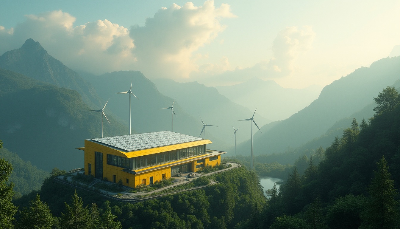 Prompt: Mountainous energy plant, modern architecture, light yellow exterior walls, sleek glass windows, metallic frames, solar panels, wind turbines, majestic mountains, lush green forests, misty atmosphere, dramatic cloudy sky, warm soft lighting, 3/4 composition, low-angle shot, cinematic mood, vibrant colors, natural textures, futuristic details.