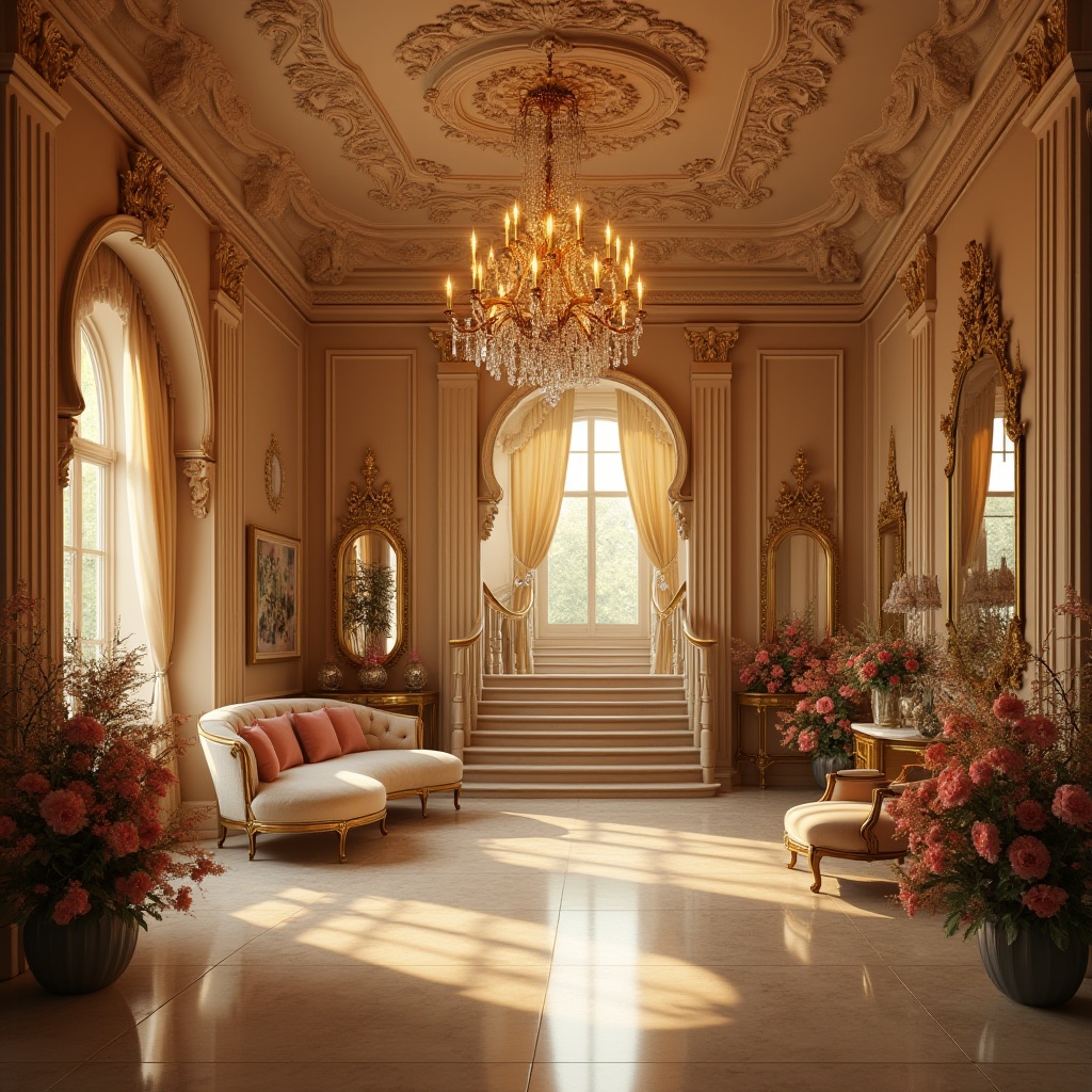 Prompt: Elegant classic interior, luxurious chandelier, soft warm glow, ornate metalwork, crystal droplets, grand staircase, rich wood paneling, velvet drapes, plush furniture, golden frame mirrors, lavish flower arrangements, warm beige walls, intricate ceiling moldings, warm afternoon sunlight, 3/4 composition, cinematic lighting, high-end realistic render.