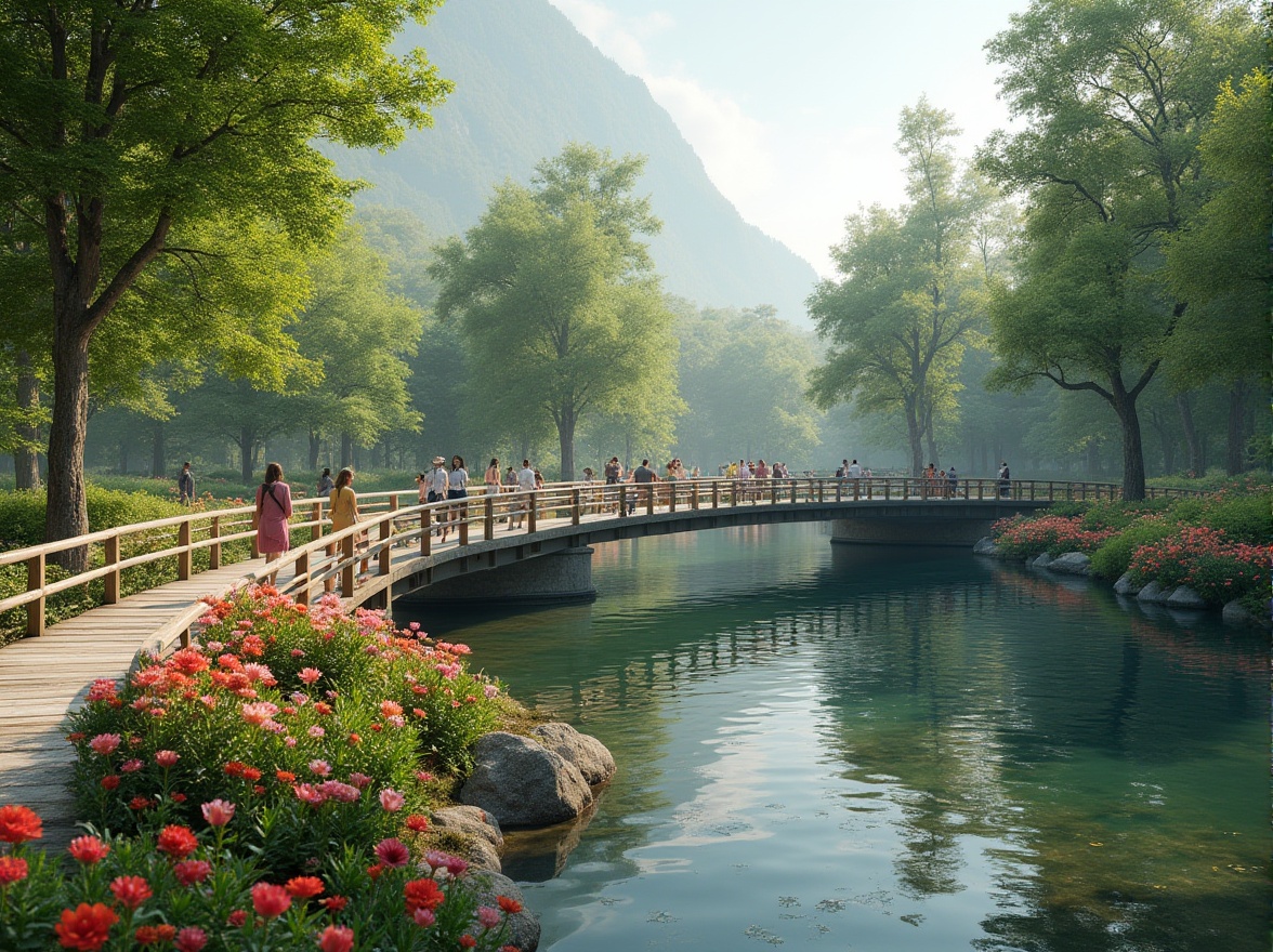 Prompt: Integrating pedestrian bridges into park landscapes, curved modern bridge, steel structure, wooden railings, lush greenery surroundings, vibrant flowers blooming, serene lake waters reflecting, majestic trees towering above, walking people enjoying scenery, casual clothing, summer atmosphere, soft natural light, 3/4 composition, shallow depth of field.