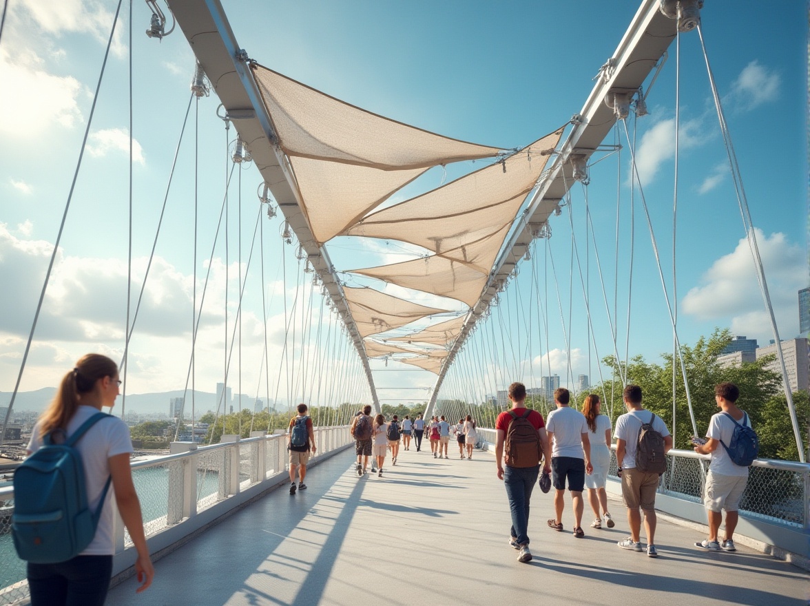 Prompt: Modern pedestrian bridge, innovative fabrics material, urban landscape, cityscape, sunny day, blue sky, white clouds, steel structure, suspension cables, translucent canopy, woven fabric patterns, soft textile texture, pedestrians walking, casual clothing, backpacks, sunglasses, happy expressions, relaxed atmosphere, warm lighting, shallow depth of field, vibrant colors, dynamic composition.