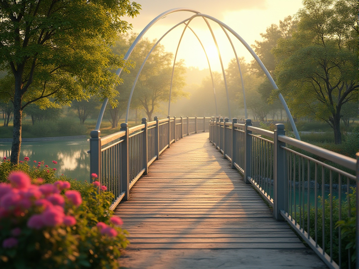 Prompt: Pedestrian bridge, park landscape, serene atmosphere, lush greenery, vibrant flowers, tranquil lake, walking path, wooden railings, modern minimalist design, sleek lines, silver metal accents, gentle arches, shallow water reflections, soft misty morning light, warm sunny afternoon, dramatic sunset, low-angle composition, cinematic depth of field, naturalistic colors.