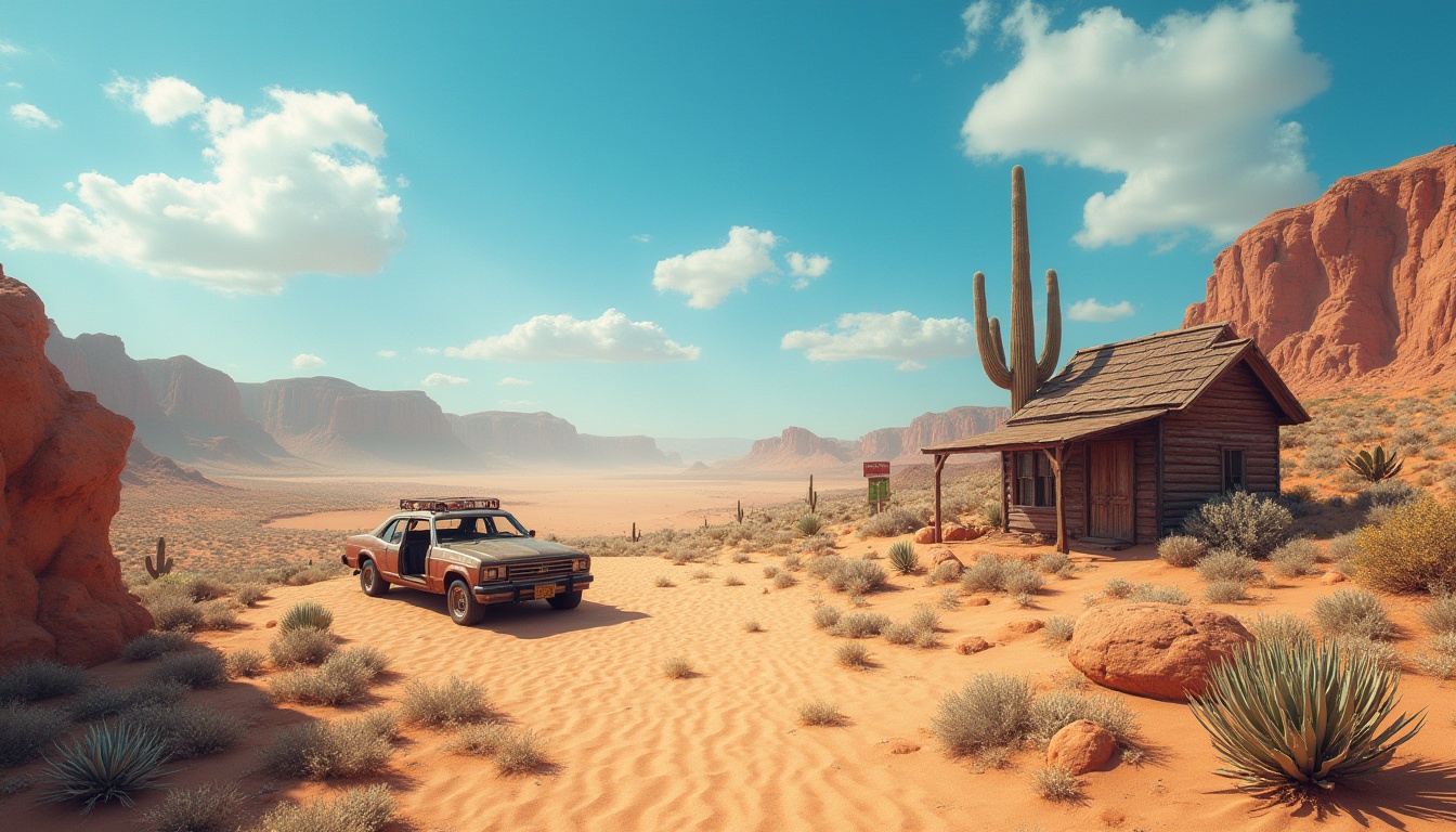 Prompt: Desert environment, vast sand dunes, endless blue sky, warm sunlight, sandy terrain, cacti, rock formations, abandoned wooden shack, rusty old car, broken signpost, tumbleweed, desert flora, succulents, dry riverbed, ancient ruins, worn stone walls, mysterious artifacts, scenic panoramic view, low-angle shot, dramatic lighting, high contrast, cinematic composition.