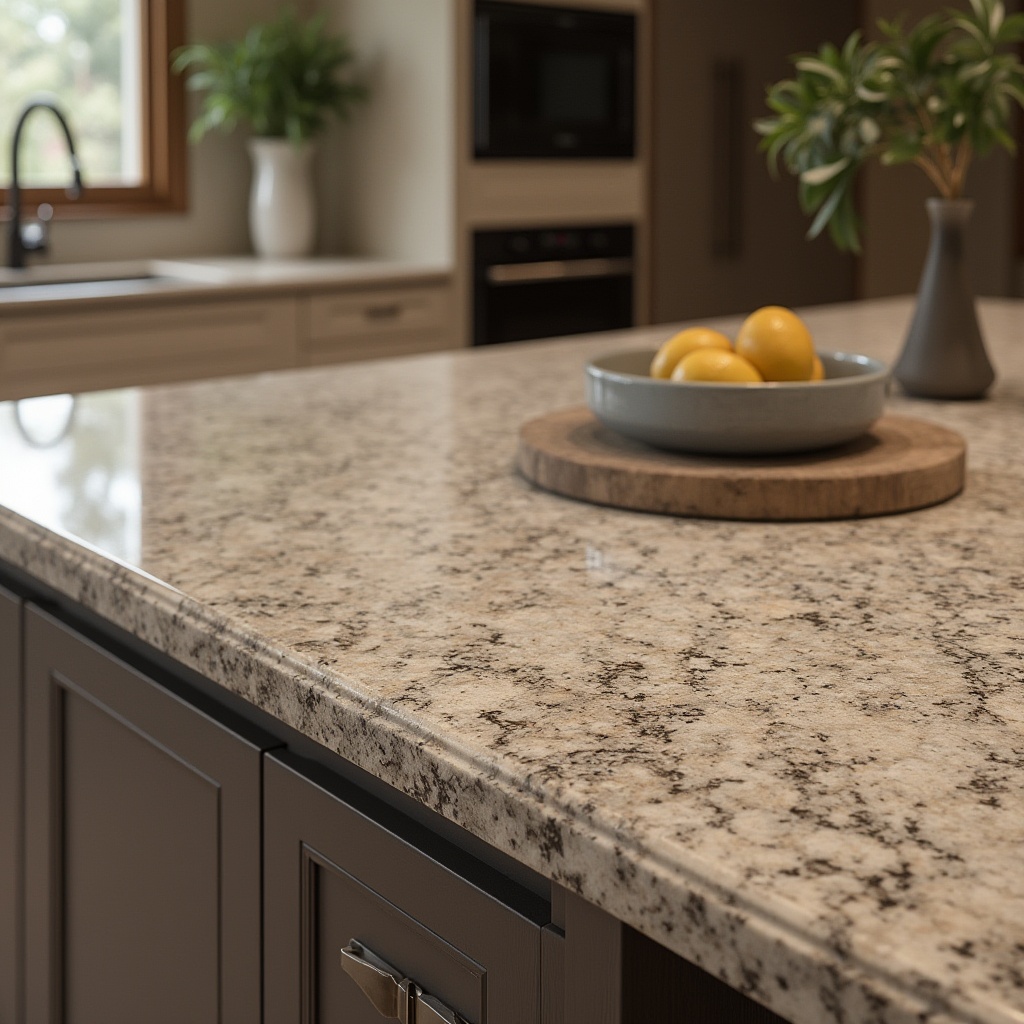 Prompt: granite, luxury material, durability, aesthetic appeal, glossy finish, speckled pattern, earthy tone, kitchen countertop, island design, modern interior, sleek lines, minimalist decor, polished surface, natural texture, rustic charm, sophisticated ambiance, warm lighting, shallow depth of field, realistic rendering.