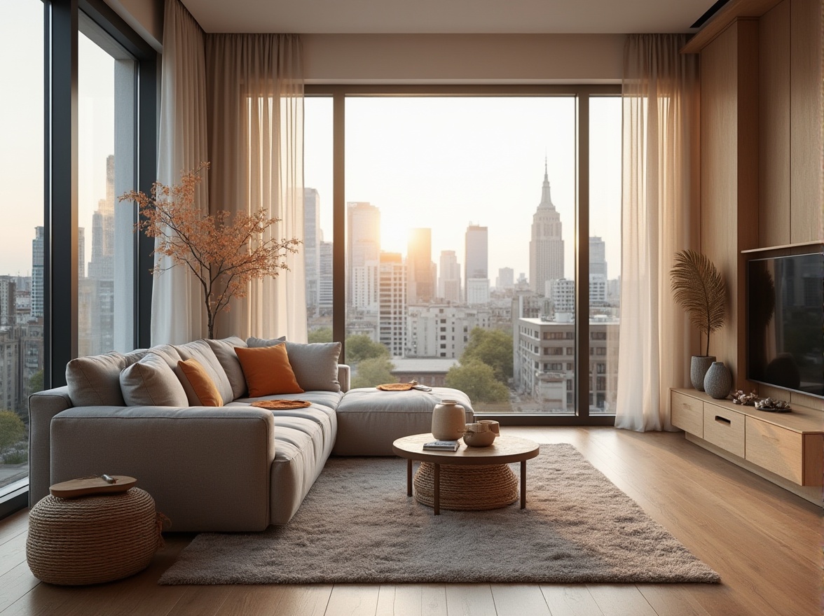 Prompt: Modern apartment, vernacular architecture, incorporating fabrics, textile patterns, upholstery, velvety sofa, linen curtains, woven baskets, plush area rug, wooden floor, minimal decor, Scandinavian style, large windows, cityscape view, evening light, warm ambiance, 3/4 composition, shallow depth of field, soft focus, natural lighting.