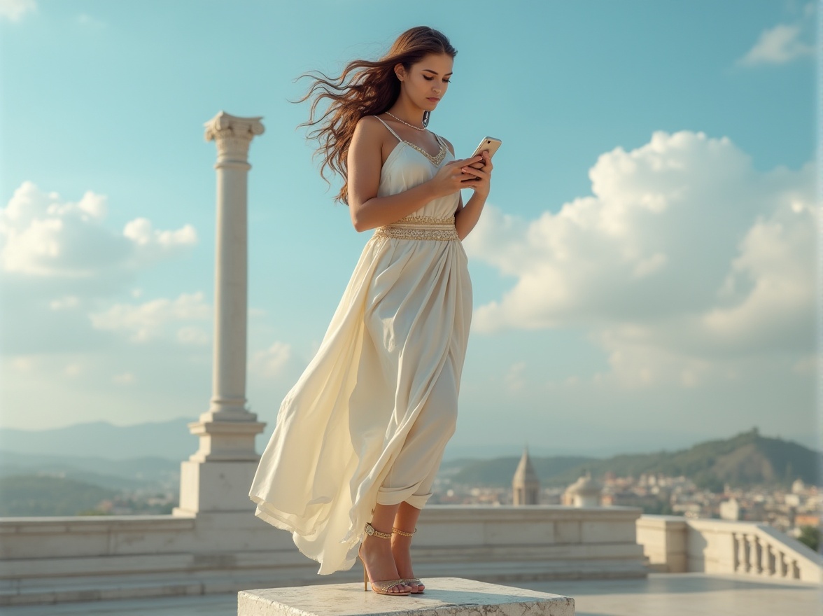 Prompt: Ancient Greek-inspired lady, 25yo, standing, white marble pedestal, classical column, modern cityscape background, blue sky, fluffy clouds, gentle breeze, flowing curly hair, soft makeup, elegant eyeliner, pearl necklace, silk toga, golden belt, high heels, holding smartphone, scrolling, serious facial expression, natural lighting, warm color tone, shallow depth of field, cinematic composition.