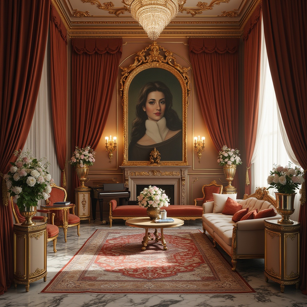 Prompt: Luxurious classic interior, ornate gold frame paintings, velvet drapes, crystal chandelier, marble floors, intricately carved wooden furniture, soft cushions, richly patterned rugs, grand piano, elegant vases, lavish flower arrangements, warm candlelight, 3/4 composition, shallow depth of field, soft focus, warm color palette.