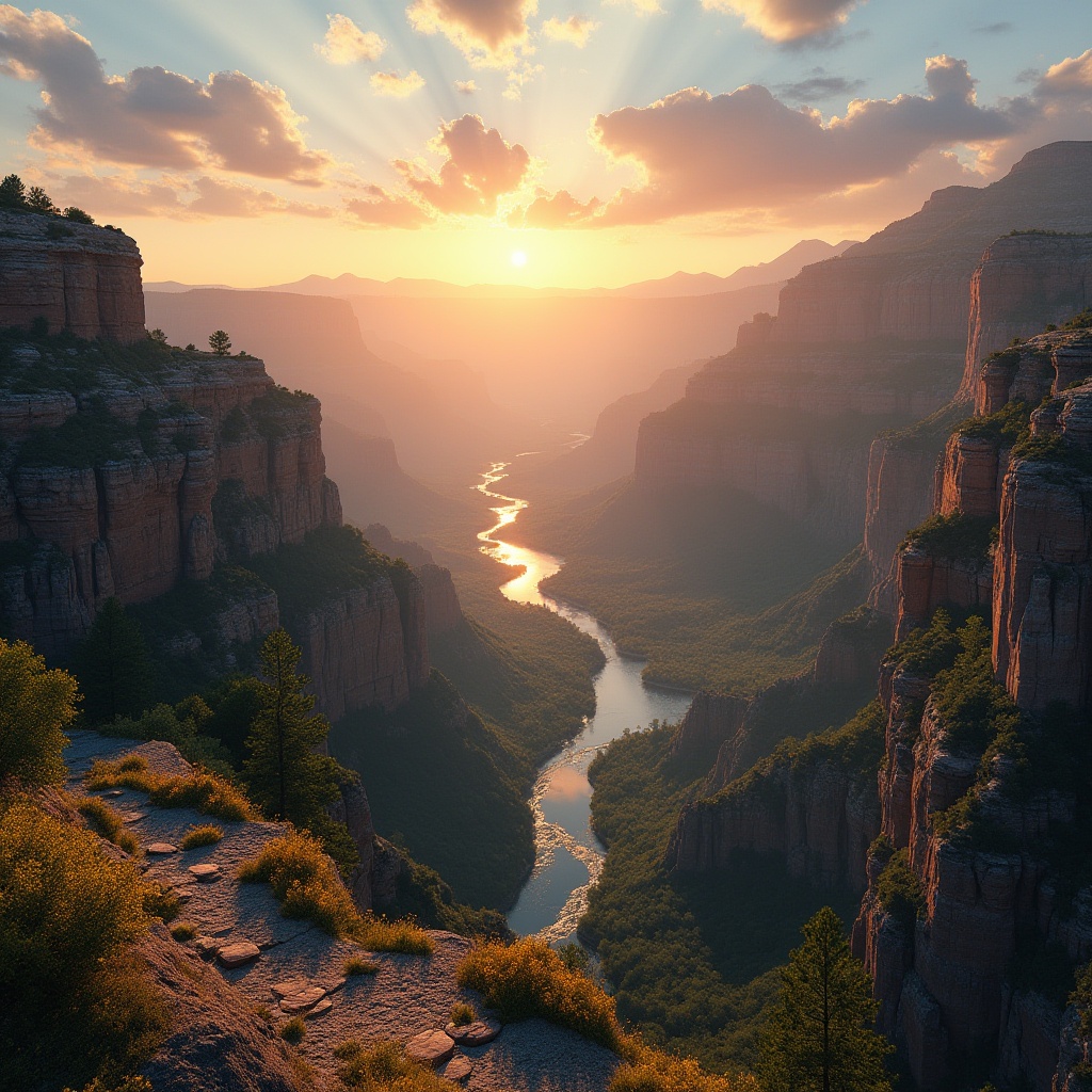 Prompt: Grand canyon landscape, sunset time, golden hour, vast open space, layered rocky cliffs, deep valleys, winding rivers, serene atmosphere, warm soft lighting, cinematic composition, dramatic sky with few clouds, majestic mountains in the distance, lush greenery, scattered trees, wildflowers blooming, stone pathways, wooden bridges, misty fog, gentle breeze, peaceful ambiance.