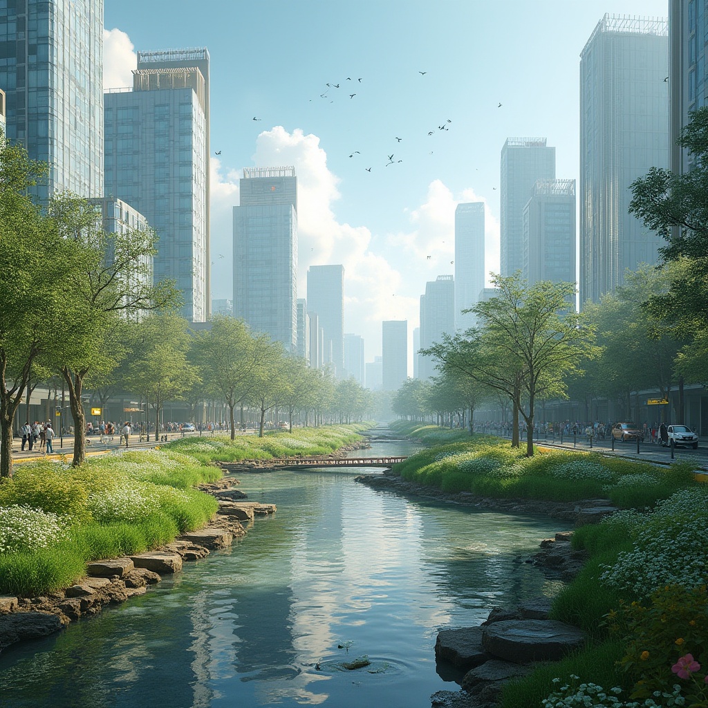 Prompt: Urban wetland design, futuristic cityscape, lush greenery, water features, stepping stones, wooden bridge, modern skyscrapers, sleek glass facades, busy streets, vehicles, pedestrians, birds flying overhead, sunny day, clear blue sky, fluffy white clouds, gentle breeze, ambient lighting, 3/4 composition, panoramic view, vibrant colors, natural texture, serene atmosphere.