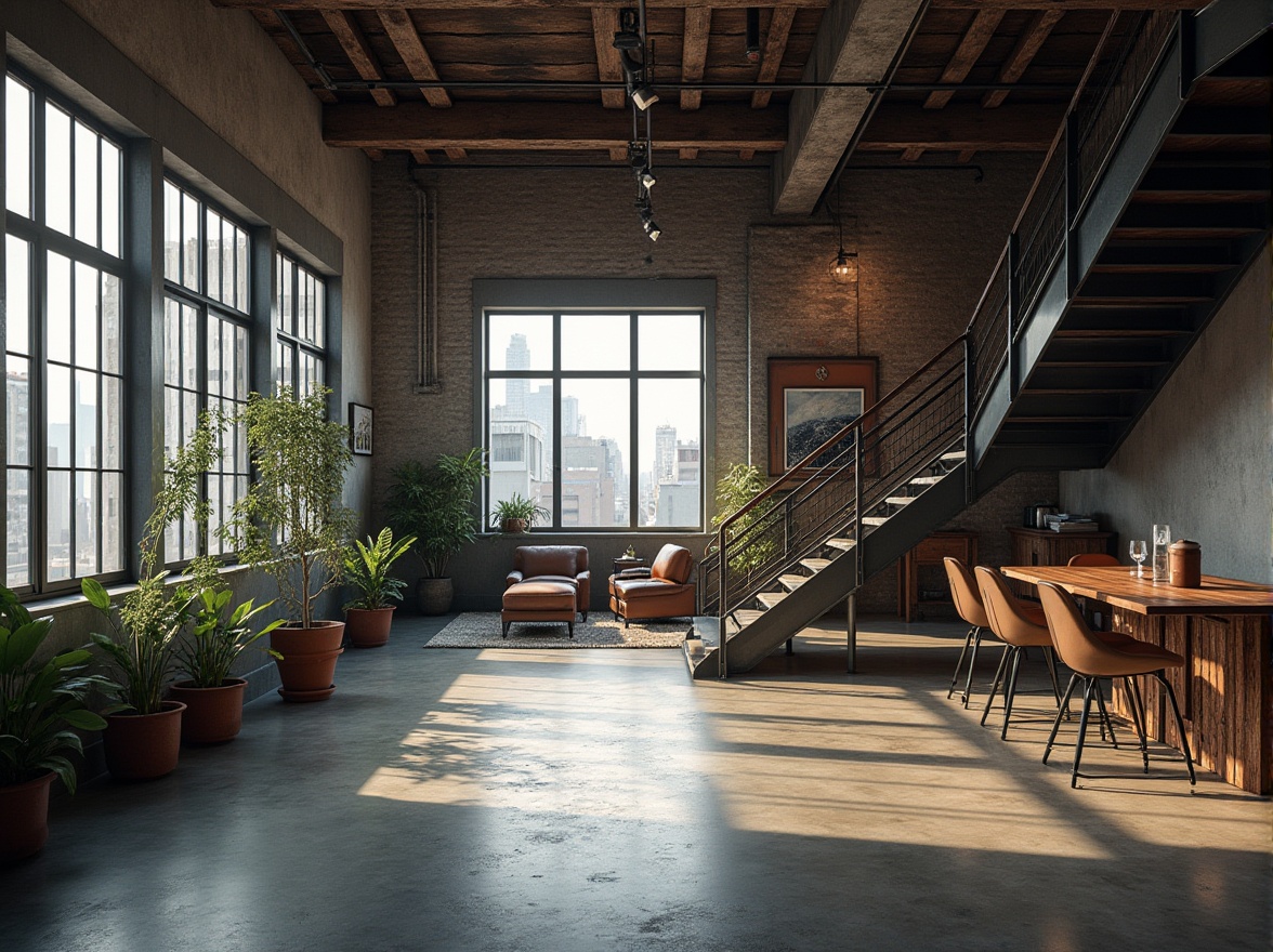 Prompt: Industrial urban loft, exposed brick walls, concrete floors, metal beams, wooden accents, floor-to-ceiling windows, cityscape view, steel staircase, minimal decor, modern art pieces, potted plants, sleek lines, industrial lighting fixtures, distressed wood textures, natural light pouring in, urban atmosphere, moody shadows, cinematic composition, low-angle shot, gritty urban feel.