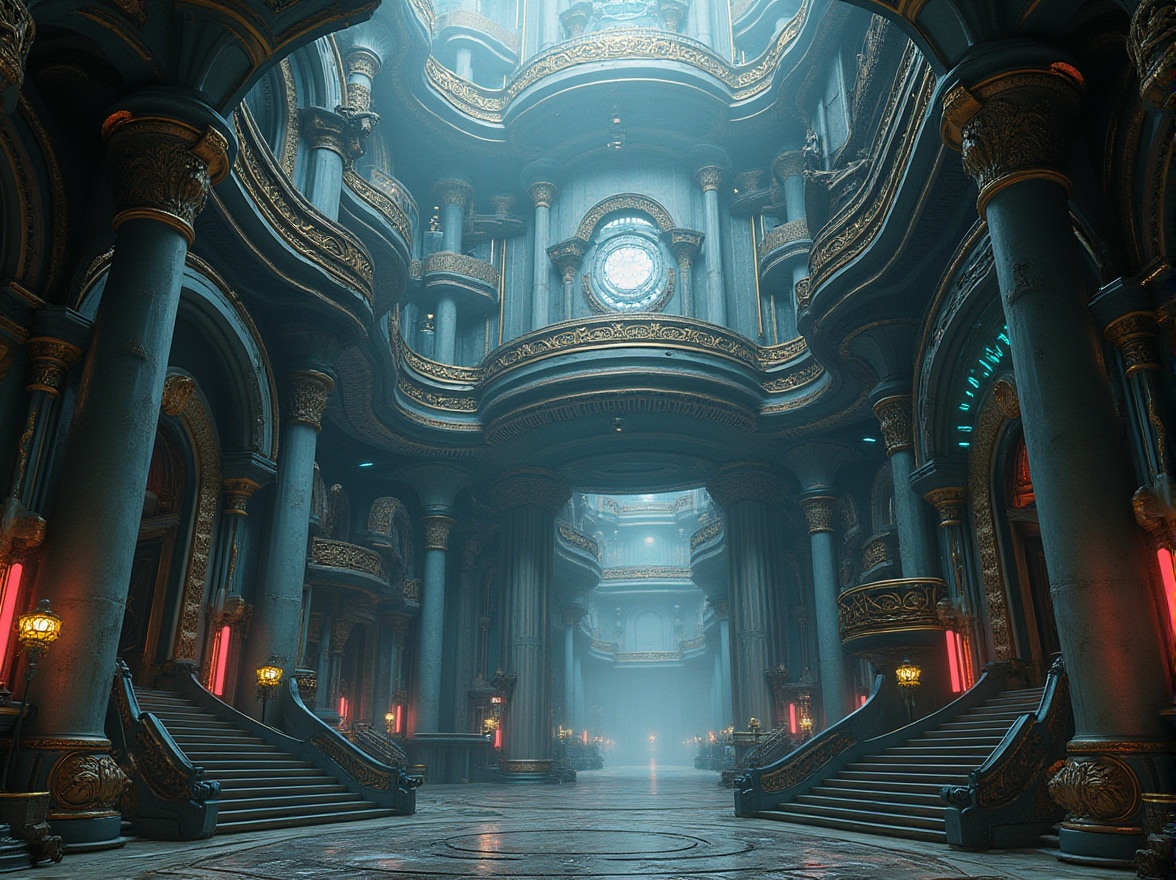 Prompt: Ornate Baroque style, futuristic energy plant, grandiose pillars, intricate carvings, golden accents, lavish decorations, curved lines, symmetrical composition, majestic entrance, spiral staircases, ornamental railings, industrial pipes, mechanical components, metallic materials, neon lights, glowing blue circuits, misty atmosphere, dramatic lighting, cinematic angle, low-angle shot, futuristic sci-fi environment, abandoned factory, steampunk-inspired details.