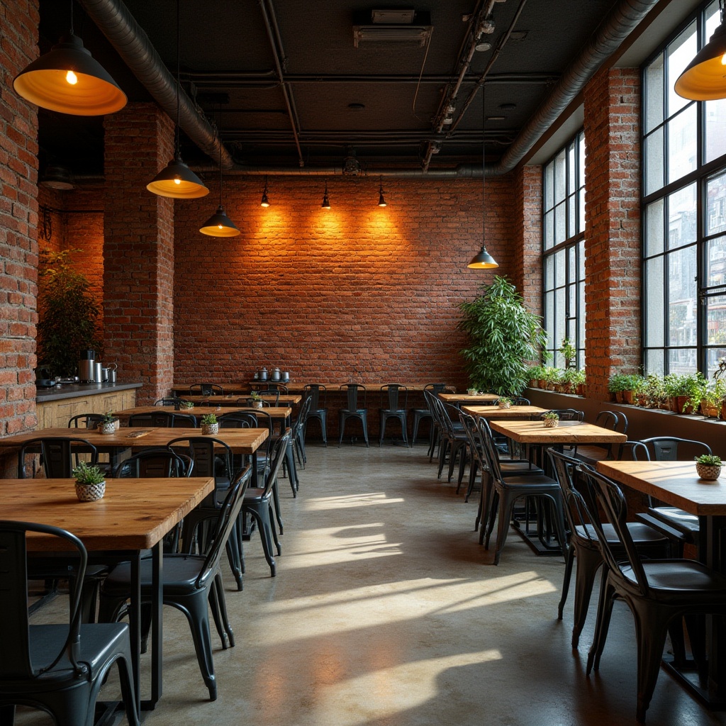 Prompt: Industrial chic hostel interior, exposed brick wall, warm fire brick colors, cozy atmosphere, modern minimalistic furniture, wooden accents, metal frames, dimmed lighting, scattered plants, rustic wooden tables, steel chairs, concrete floor, urban loft vibe, dramatic shadows, atmospheric perspective, 3/4 composition, softbox lighting, natural texture, rough stone wall, reclaimed wood, industrial pipe ceiling, cityscape view from window.