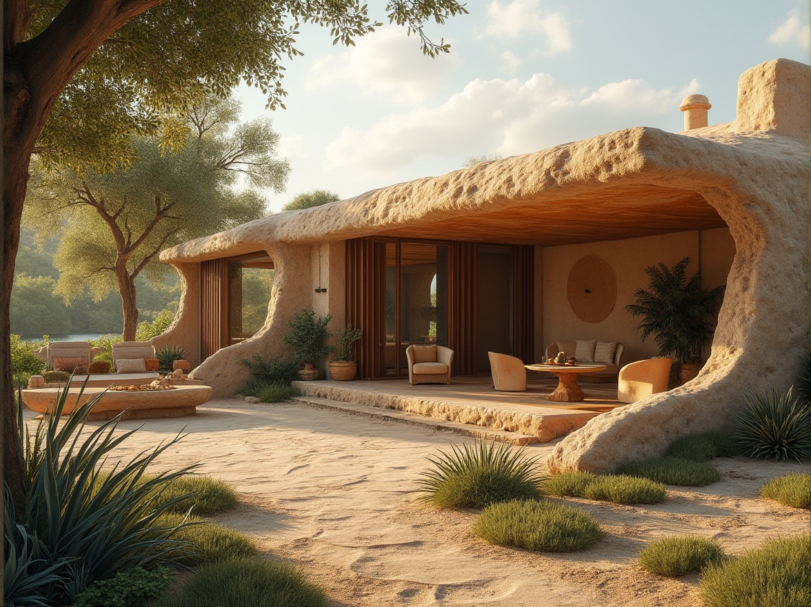 Prompt: Rammed earth material, natural, eco-friendly, sustainable, earthy tone, rough texture, organic structure, modern architecture, villa, residential area, garden, trees, greenery, outdoor seating area, warm lighting, 3/4 composition, shallow depth of field, natural ambiance.