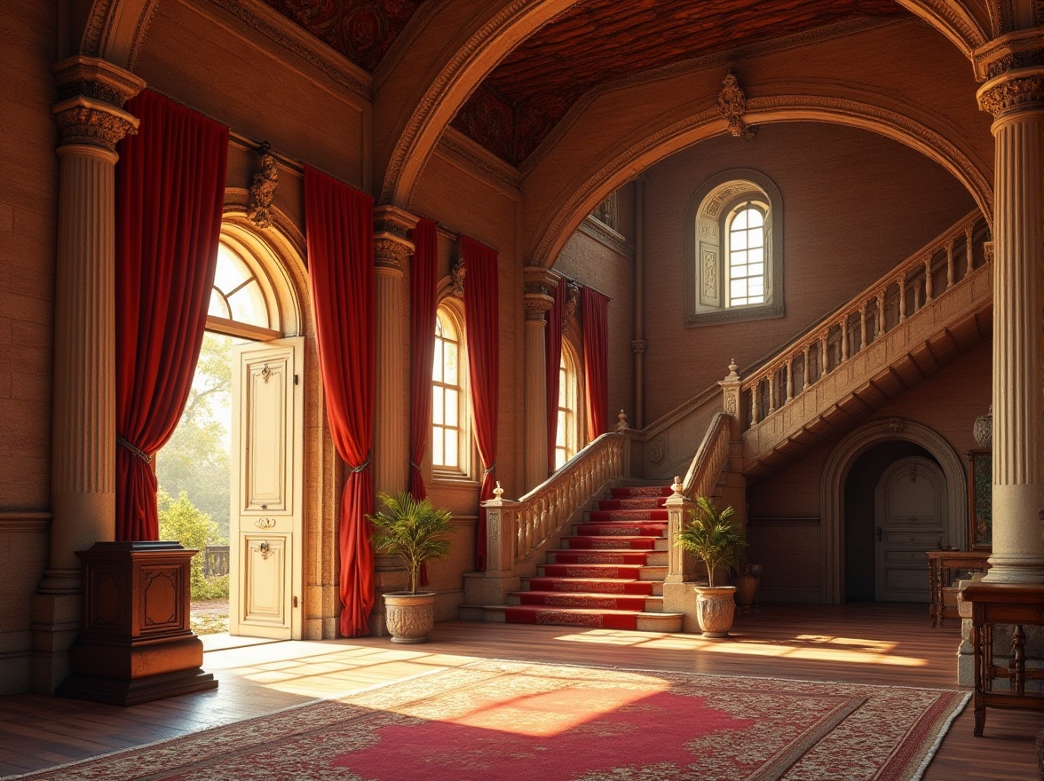 Prompt: Classic architectural design, ancient European style, brick material, red and yellow tone, rustic texture, ornate carvings, grand entrance, columns, arches, majestic staircase, luxurious interior, velvet curtains, wooden furniture, Renaissance-inspired ornaments, warm soft lighting, detailed shadows, realistic rendering, high-quality textures.