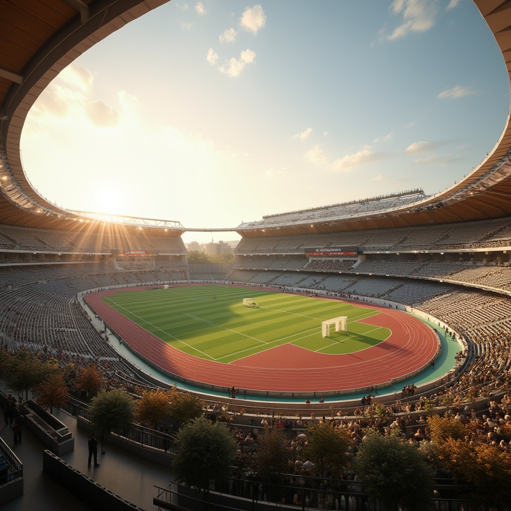 Prompt: Brown stadium, modern architecture, curved lines, grandstand seating, brown stone walls, wooden accents, warm ambient lighting, afternoon sun, cloudless sky, vast open space, athletic track, lush green grass, sports equipment, goalposts, scoreboard, spectator crowd, dynamic angle, 3/4 composition, high contrast, realistic texture.