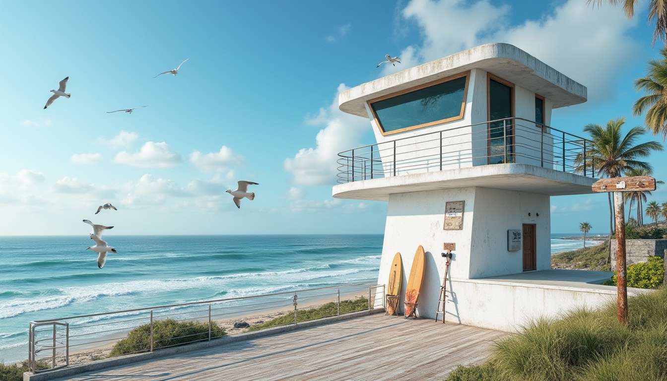 Prompt: Coastal watching towers, case study, modern architecture, sleek design, white concrete, large windows, observation deck, steel railings, wooden flooring, nautical theme, ocean view, waves crashing, seagulls flying overhead, sunny day, blue sky, few clouds, gentle breeze, palm trees swaying, beach in the distance, lifeguard stand, surfboards leaning against the tower, binoculars mounted on the railing, rusty metal ladder leading to the top, weathered wooden signs with direction arrows, realistic texture, detailed architecture, dramatic lighting, cinematic composition.