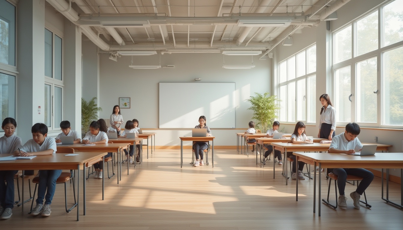 Prompt: Calming school interior, light gray walls, modern minimalistic furniture, clean lines, open spaces, natural lights pouring through large windows, students sitting at wooden desks, laptops and notebooks scattered, teachers standing with gentle smiles, subtle textures on the floors, soft shadows, 3/4 composition, panoramic view, warm ambient lighting.