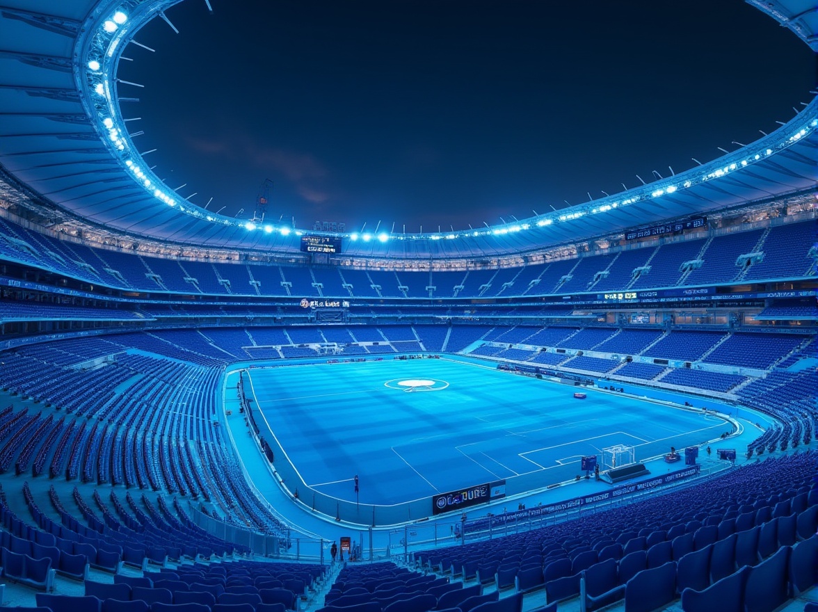 Prompt: Modern stadium, sleek blue exterior walls, curved lines, angular roofs, transparent glass facades, retractable roof, bright blue seats, vibrant blue accents, dynamic LED lighting, night game atmosphere, panoramic view, low-angle shot, dramatic shadows, urban skyline, cityscape backdrop, contemporary architecture, metallic structure, polished concrete floors.