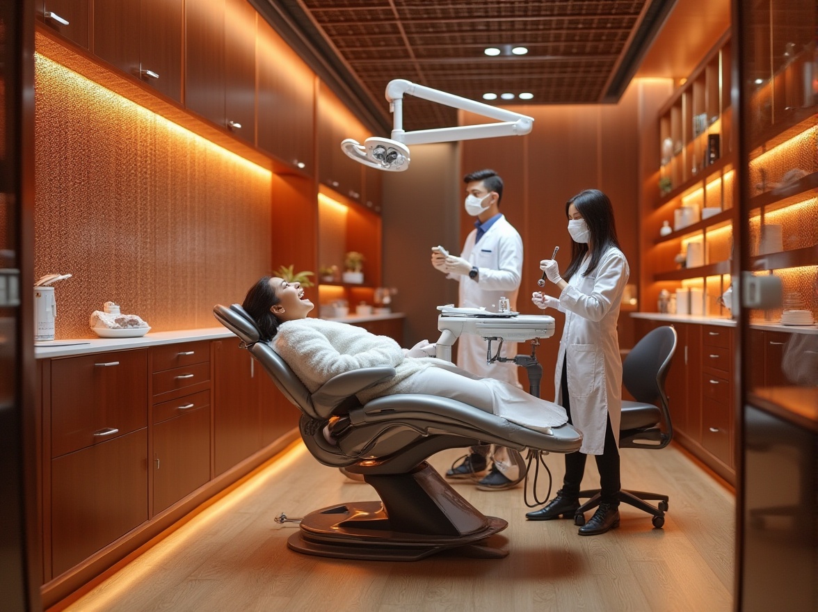 Prompt: Copper infused dental clinic interior, modern minimalist design, copper accents on walls, copper oxide finish on medical equipment, copper wire mesh decorative screen, wooden floors, warm lighting, dentist and assistant in white lab coats, sterile instruments, futuristic dental chair, patient reclining with mouth open, close-up of copper material texture, reflective surface, sleek lines, high-tech ambiance, shallow depth of field.