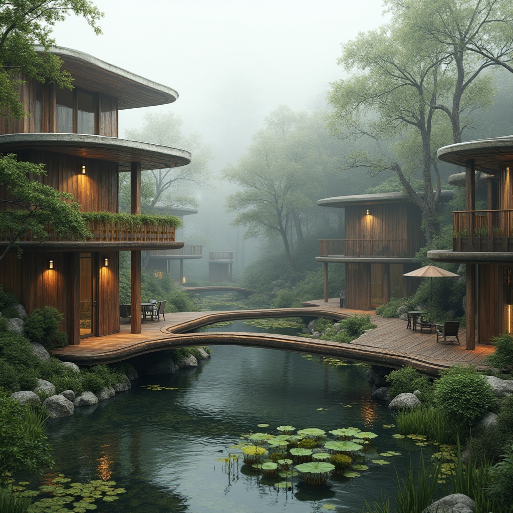 Prompt: Wetland architecture, modern, eco-friendly, bronze accents, metallic sheen, reflective surfaces, water features, lush greenery, misty atmosphere, foggy morning, wooden bridges, winding pathways, nature-inspired design, earthy tones, reclaimed wood, rustic textures, overhanging roofs, cantilevered structures, water lilies, cattails, subtle lighting, warm ambiance, serene composition.