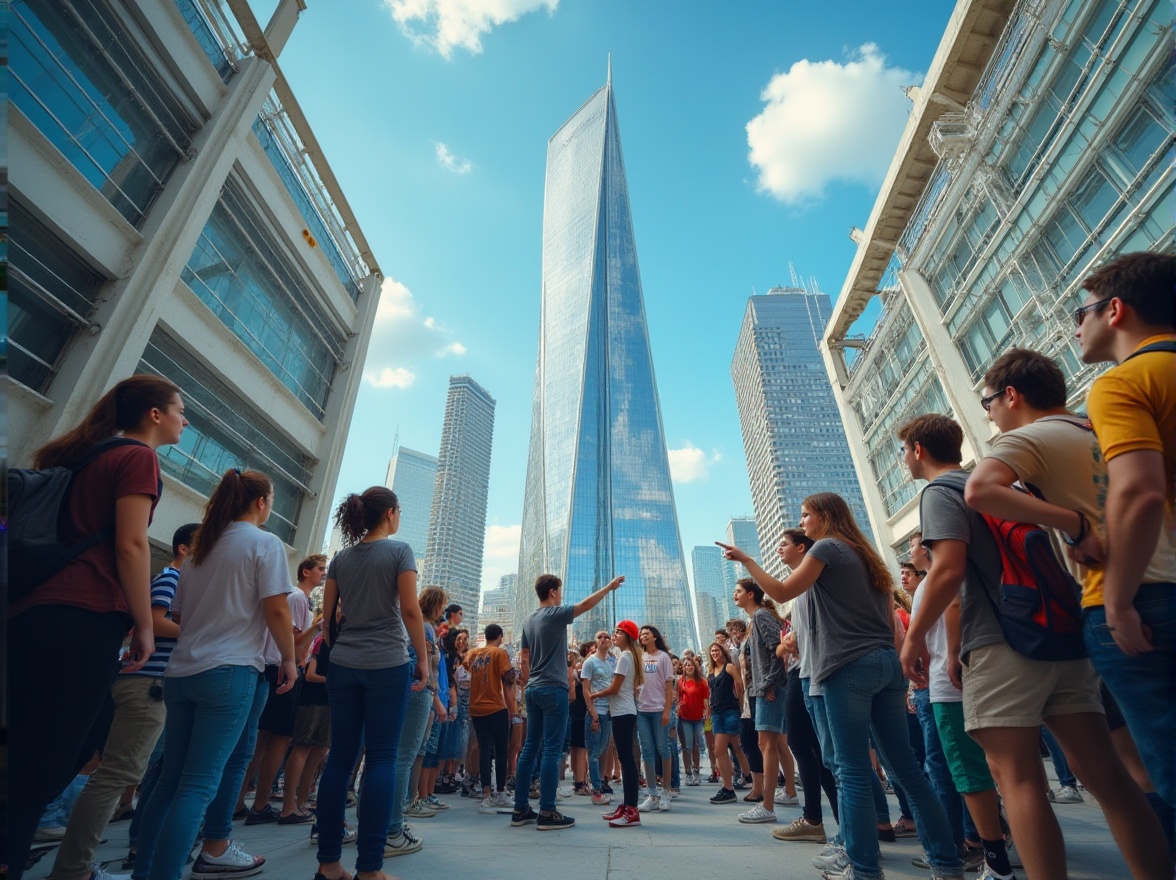 Prompt: Urban community, cityscape, skyscraper, modern architecture, steel beams, glass windows, people gathered, watching, pointing, excited facial expressions, casual wear, jeans, t-shirts, sneakers, hats, sunglasses, lively atmosphere, daytime, clear blue sky, few white clouds, soft natural light, vibrant city sounds, 3/4 composition, panoramic view.